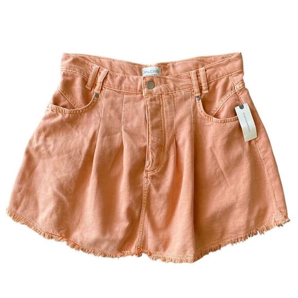 Anthropologie Pilcro Peach Pleated Denim Raw Hem Mini Skirt NWT Size 12/Large - Picture 3 of 7